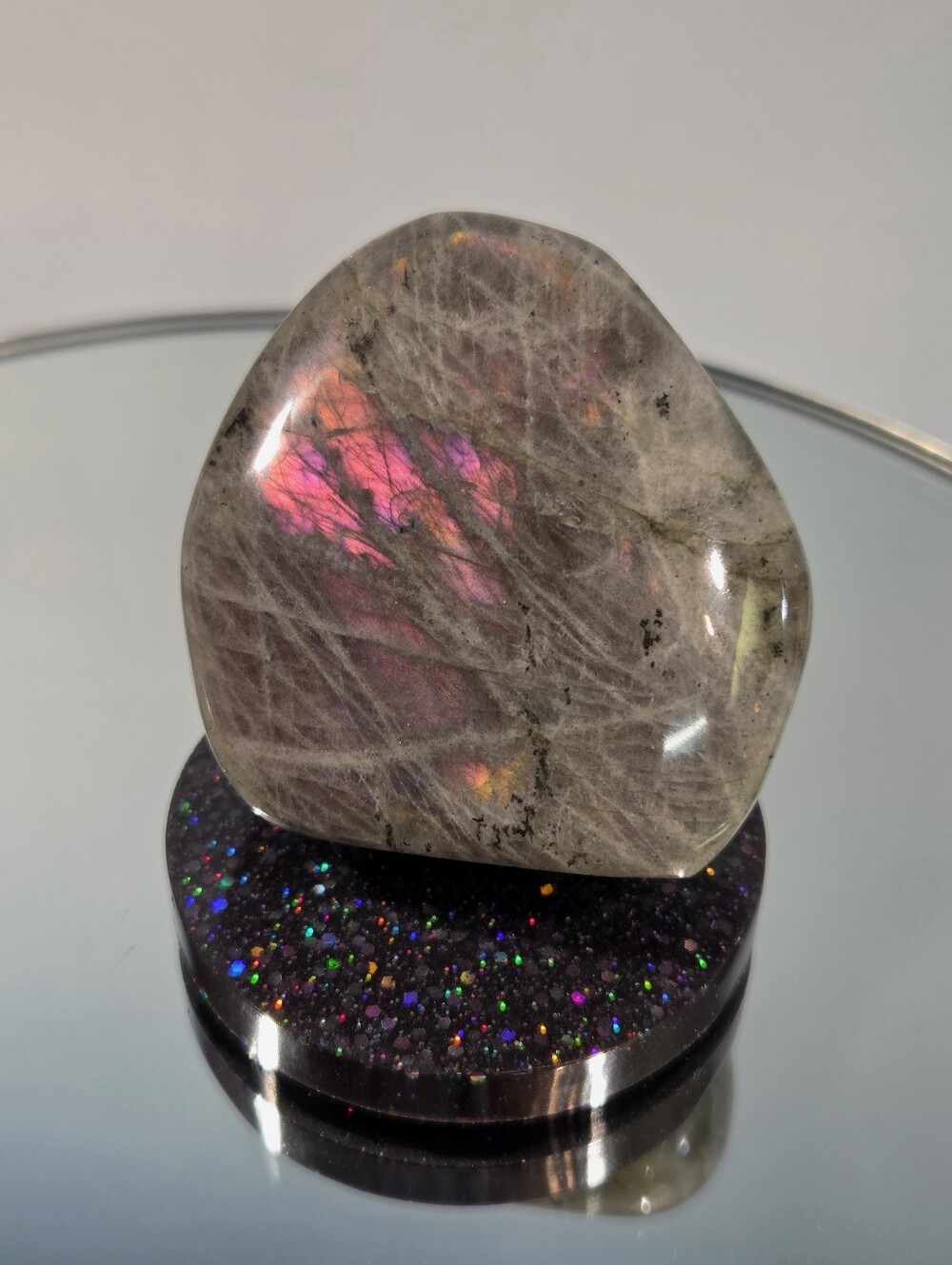Beautiful Natural Purple Sunset Labradorite Polished Stone On Handmade Display